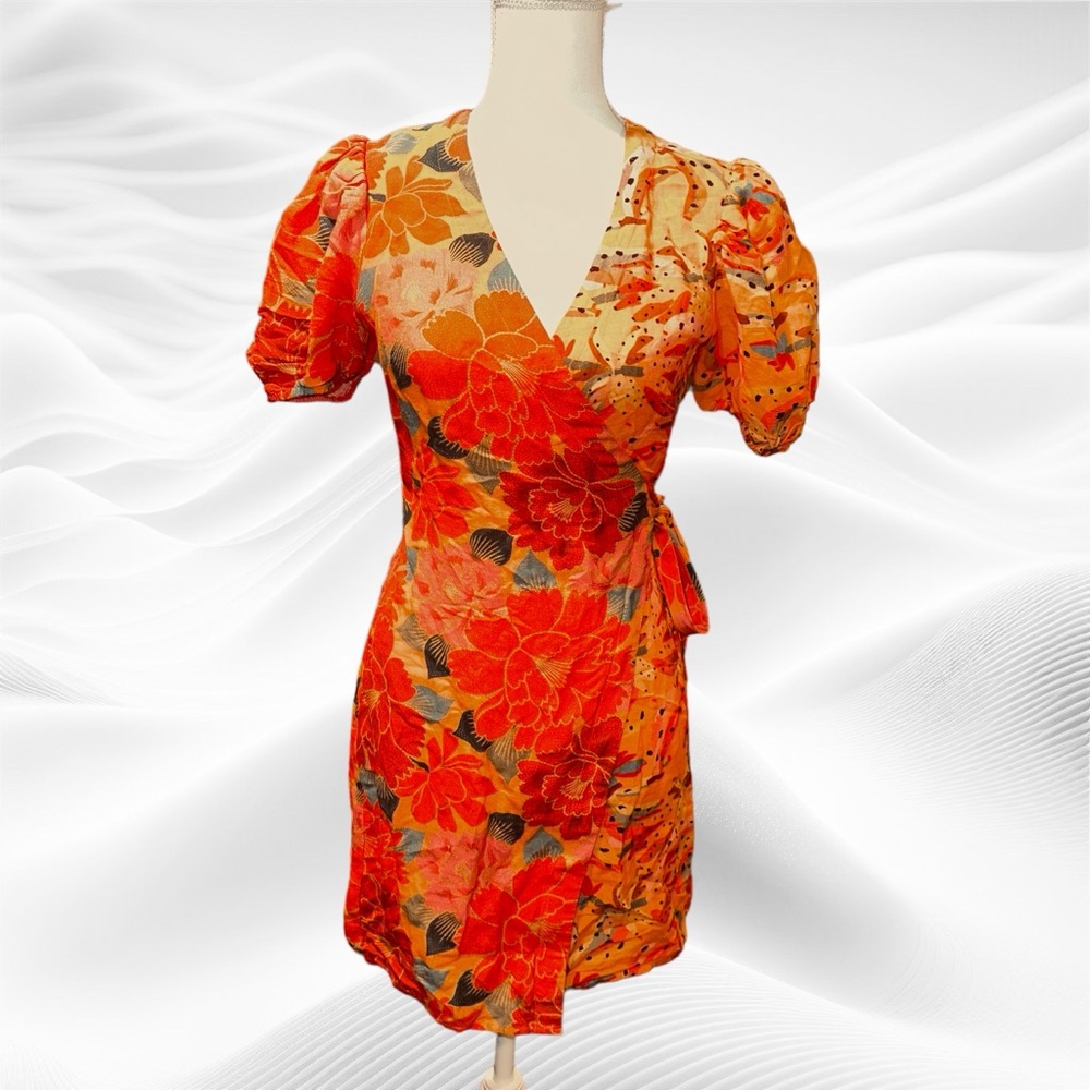 FARM Rio Anthro Floral Tropical Wrap Dress XS Orange Red‎ Pink